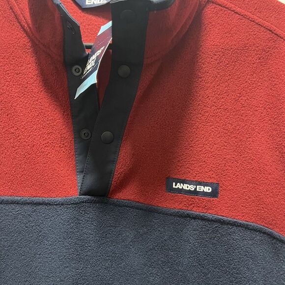 Lands End Mens Size Large Fleece Snap Neck Pullover Sweatshirt Red Blue NEW - Picture 2 of 5